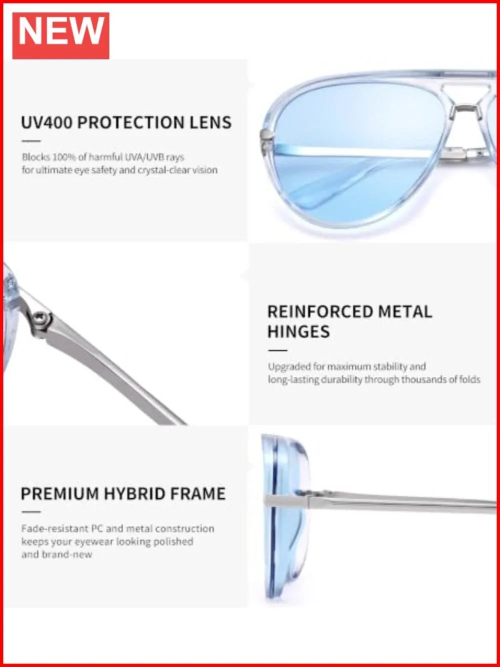 Oversized Retro Aviator Sunglasses UV400 PC Frame Unisex Full Coverage